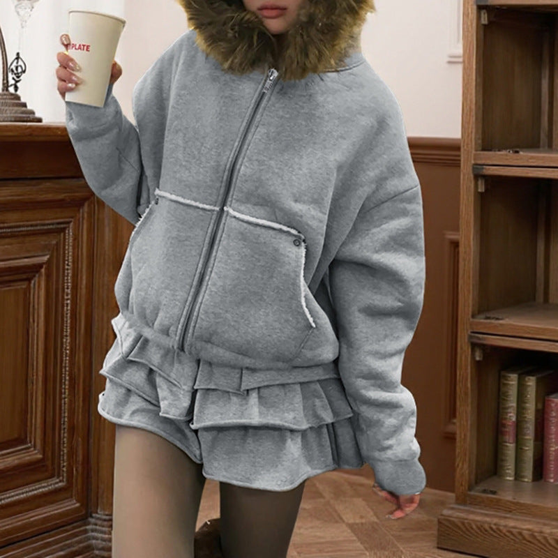 Damen Oversize Teddy-Kapuzenjacke mit Kunstpelzbesatz und Fleece-Futter Shop Nory