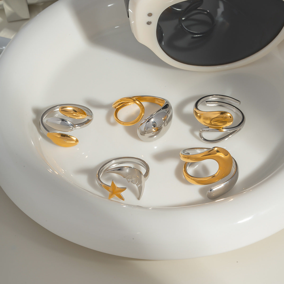 Damen verstellbarer Edelstahlring mit doppeltem Glanz Shop Nory