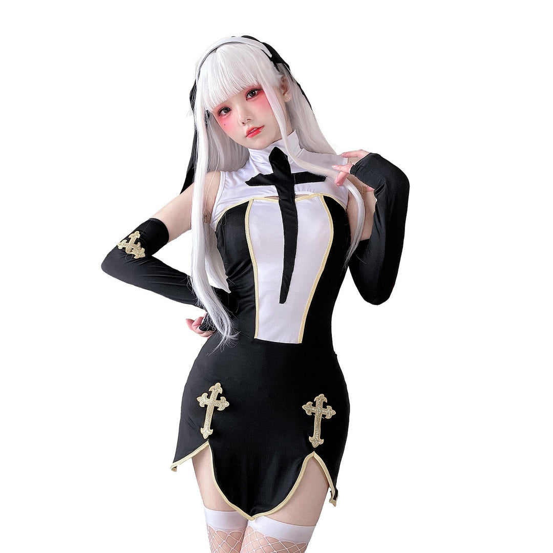 Damen Gothic Minikleid mit Spitzenärmeln und Kreuzdetails Shop Nory