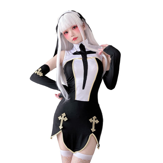 Damen Gothic Minikleid mit Spitzenärmeln und Kreuzdetails Shop Nory