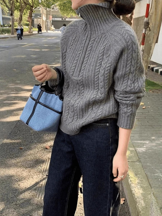 Damen Zopfstrick-Polokragenpullover mit Halbreißverschluss und weichem Mohair-Look Shop Nory