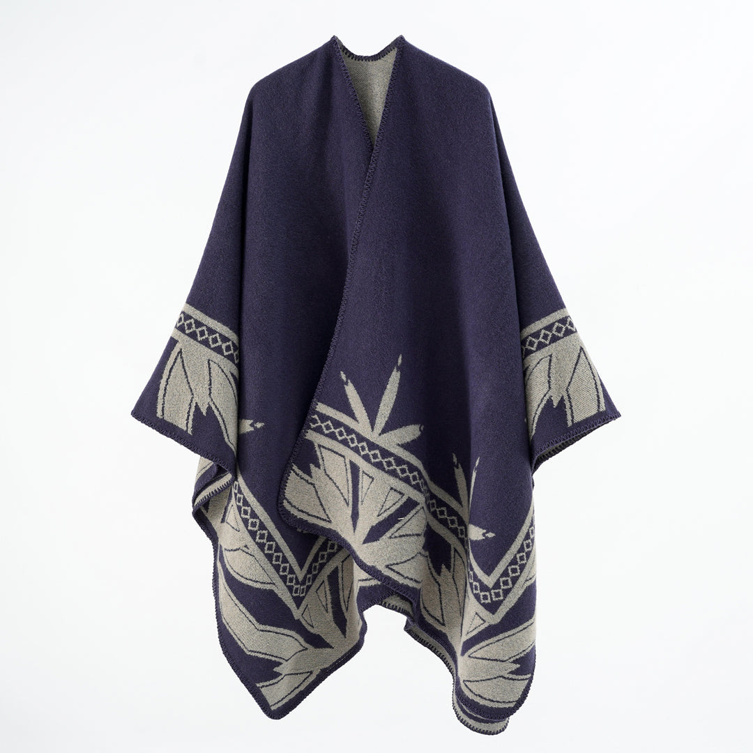 Damen Grobgewebter Umhangponcho aus Wollmix mit V-Ausschnitt und Ornamentjacquard Shop Nory