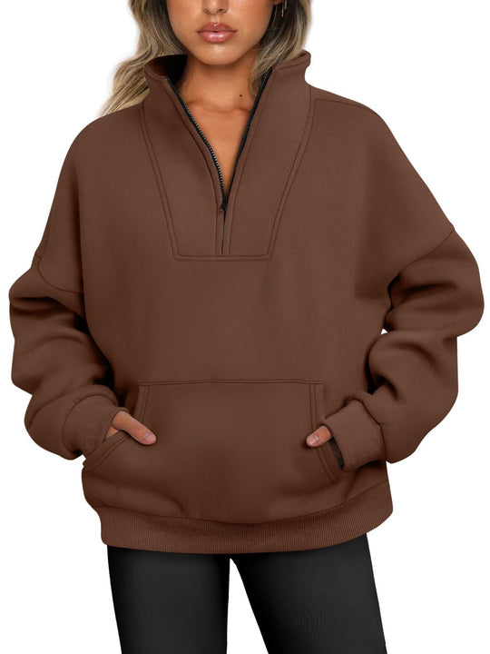 Damen nan oversized Halbzip-Hoodie mit hohem Stehkragen, Kängurutasche und gerippten Bündchen Shop Nory