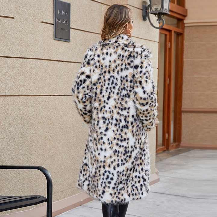 Damen Midi-Kunstpelzmantel mit Leopardenprint, tailliertem Bindegürtel und Schalkragen Shop Nory
