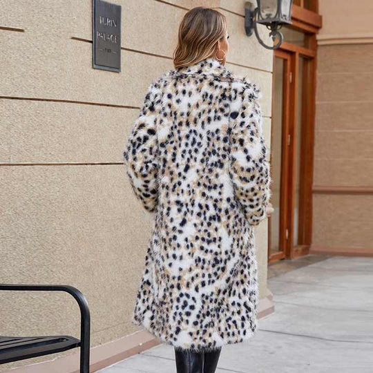 Damen Midi-Kunstpelzmantel mit Leopardenprint, tailliertem Bindegürtel und Schalkragen Shop Nory