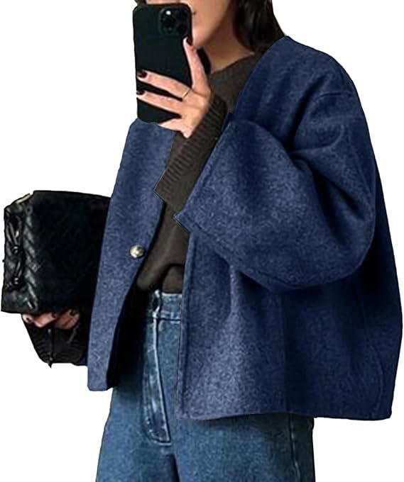 Damen Kurz geschnittene Oversize Wolljacke mit kastigem Schnitt und Ein-Knopf-Verschluss Shop Nory