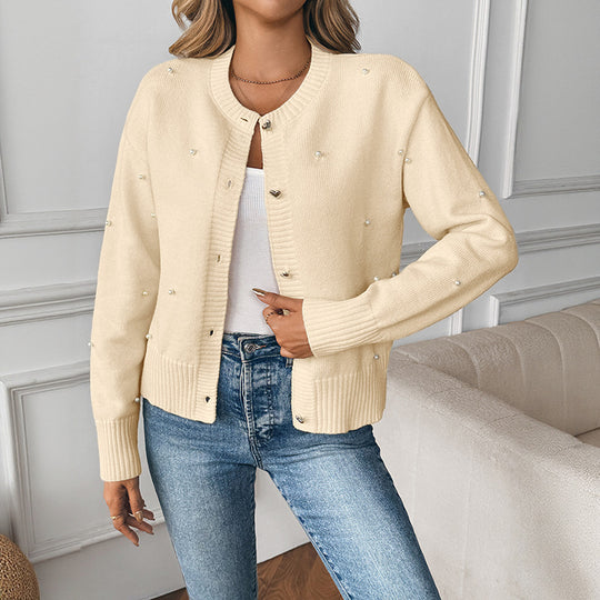 Damen Perlenverzierter Strickcardigan mit Herzknöpfen und geripptem Saum Shop Nory