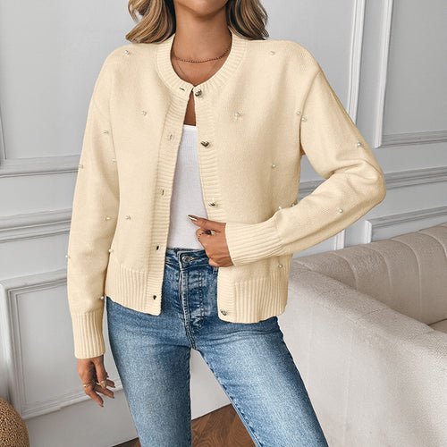 Damen Perlenverzierter Strickcardigan mit Herzknöpfen und geripptem Saum Shop Nory