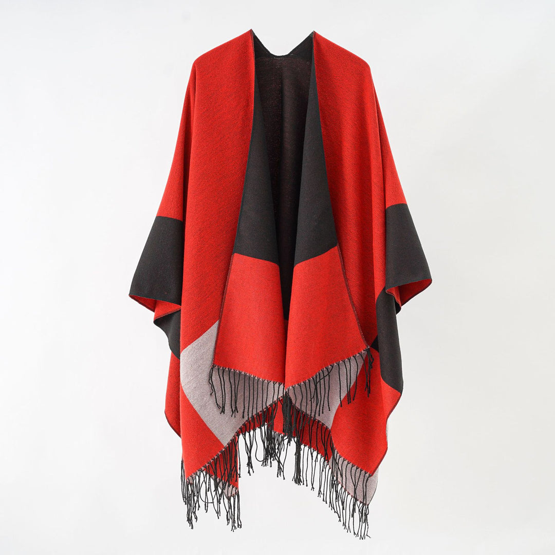 Damen Oversize-Ruana aus Wollmix mit Farbblock‑Design und Fransen Shop Nory