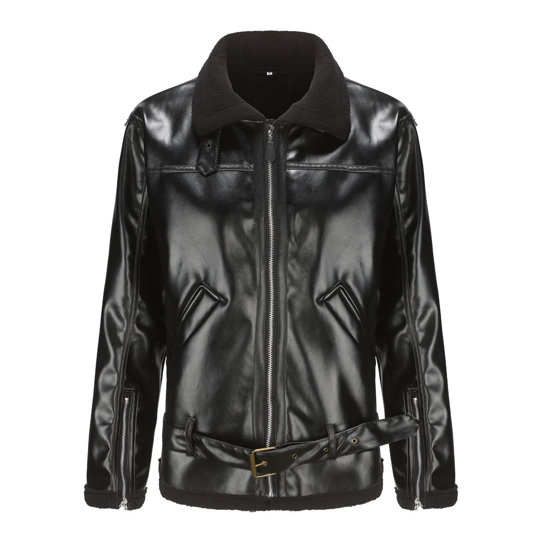 Herren Kunstleder-Fliegerjacke mit Teddyfutter, Reißverschlusstaschen und Taillengürtel Shop Nory