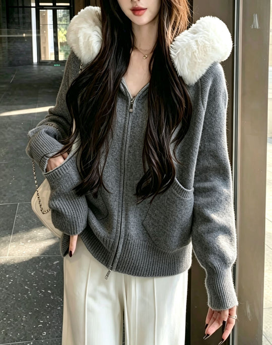 Damen Kapuzenjacke mit Fake-Fur-Kragen und durchgehendem Reißverschluss Shop Nory