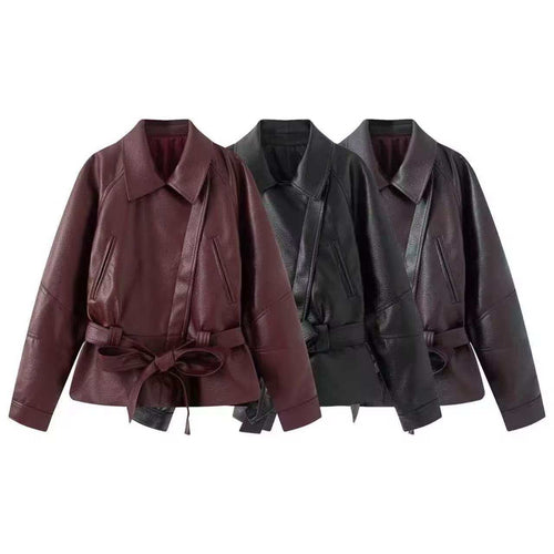 Damen Kurzjacke aus Kunstleder mit Taillengürtel und Hemdkragen Shop Nory