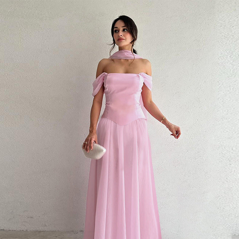 Damen Elegantes Abendkleid mit schulterfreien Puffärmeln und Choker