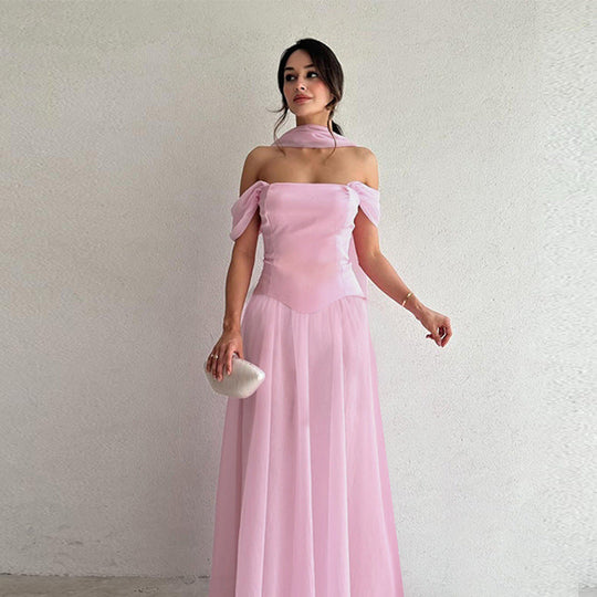 Damen Elegantes Abendkleid mit schulterfreien Puffärmeln und Choker