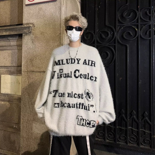 Damen Oversized Strickpullover mit grafischem Schriftzug Shop Nory