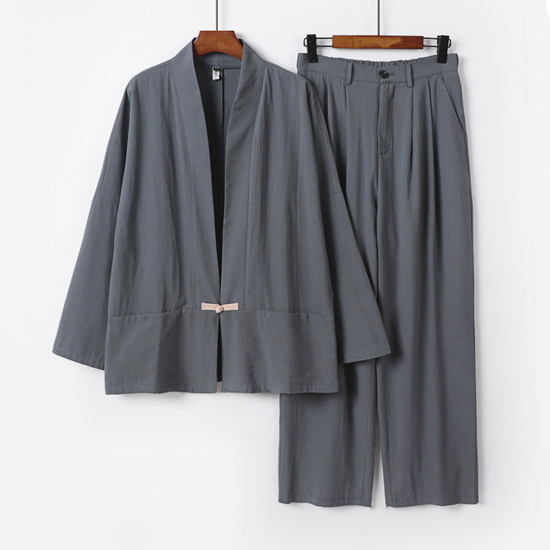 Damen Kimono-Lounge-Set aus leichtem Viskose-Leinen mit dekorativem Knebelverschluss und weiter Bundhose Shop Nory