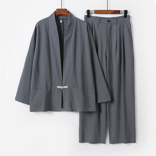 Damen Kimono-Lounge-Set aus leichtem Viskose-Leinen mit dekorativem Knebelverschluss und weiter Bundhose Shop Nory