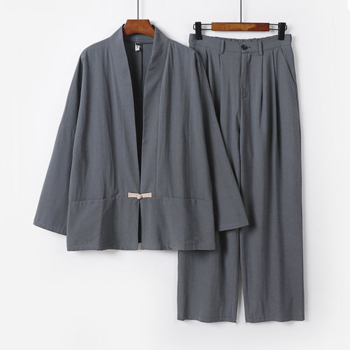 Damen Kimono-Lounge-Set aus leichtem Viskose-Leinen mit dekorativem Knebelverschluss und weiter Bundhose Shop Nory