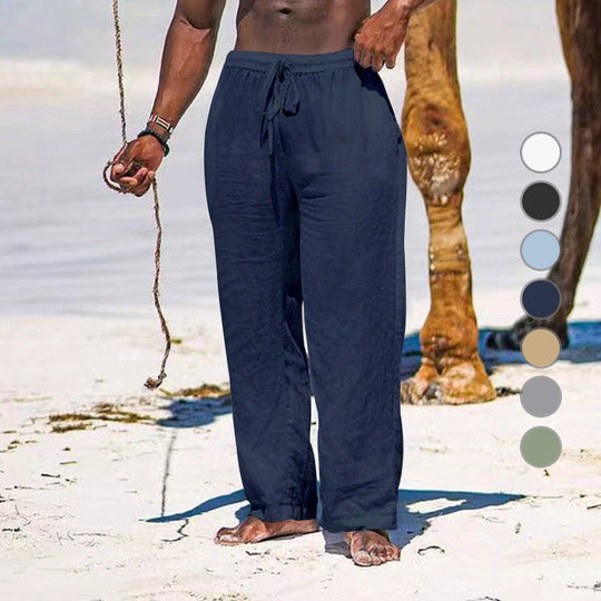 Herren lässige Strandhose aus leichtem Leinenstoff mit elastischem Bund und Kordelzug
