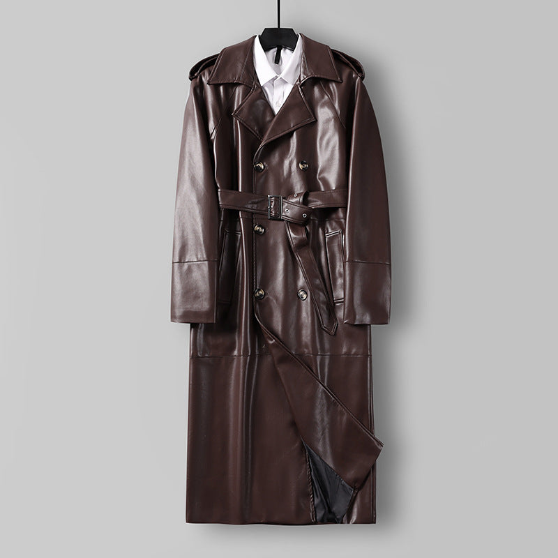 Herren Langer Kunstleder-Trenchcoat mit Doppelreiher, Taillengürtel und Schulterklappen Shop Nory