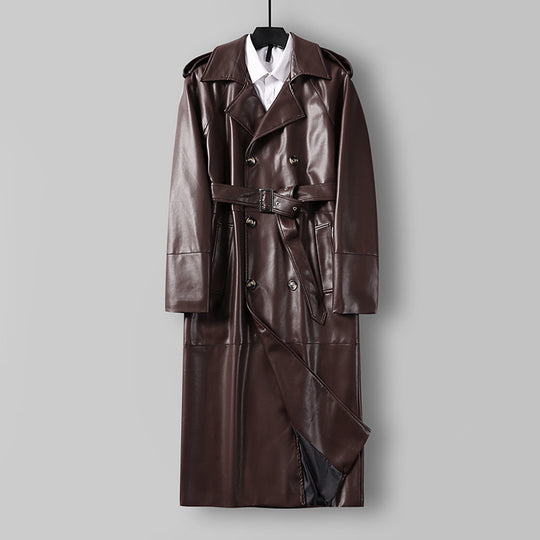 Herren Langer Kunstleder-Trenchcoat mit Doppelreiher, Taillengürtel und Schulterklappen Shop Nory