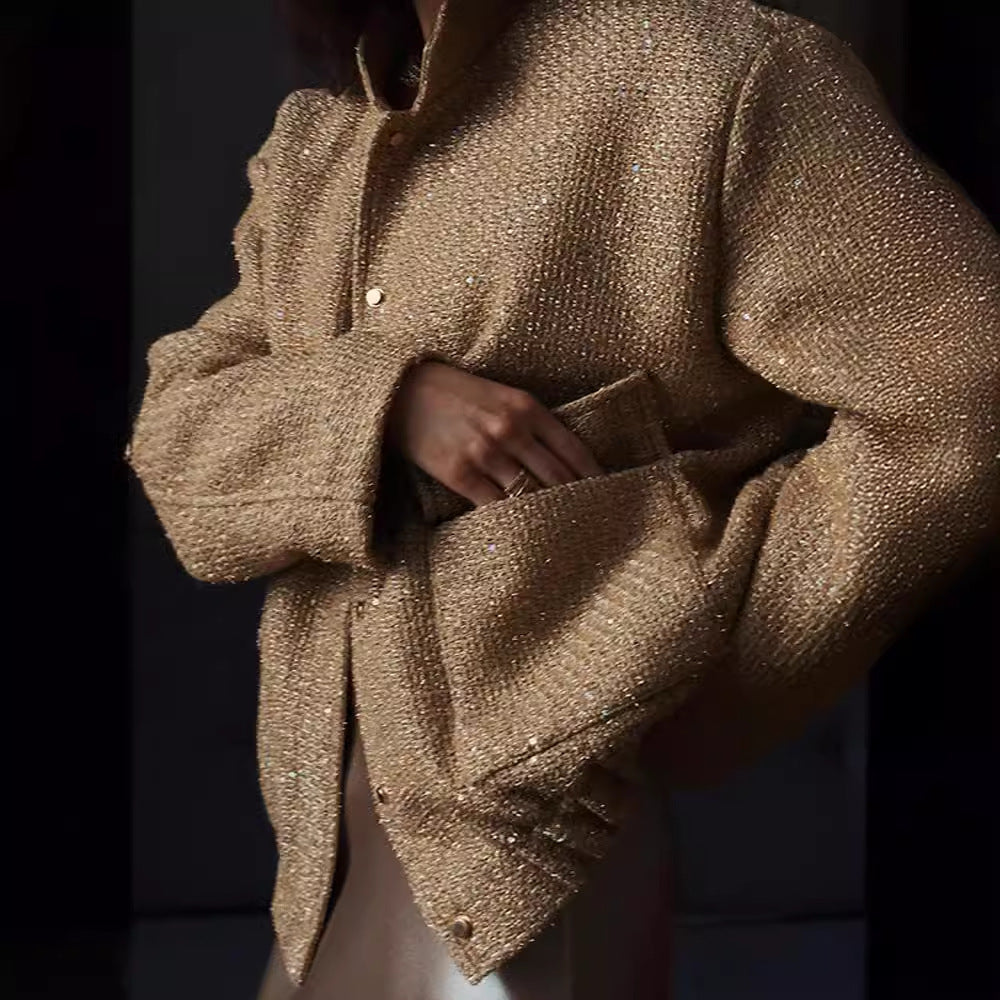 Damen Glamouröse Glitzerjacke mit oversized Schnitt und modischen Taschen