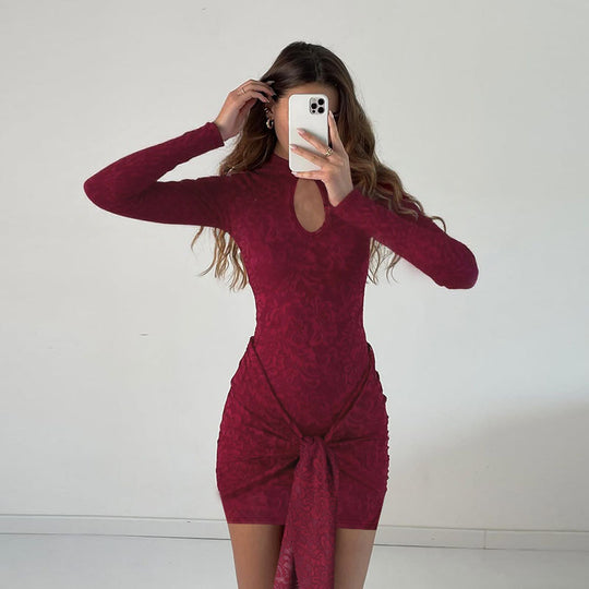 Damen Tailliertes Jacquard-Minikleid mit Drapé-Knoten und Langarm Shop Nory