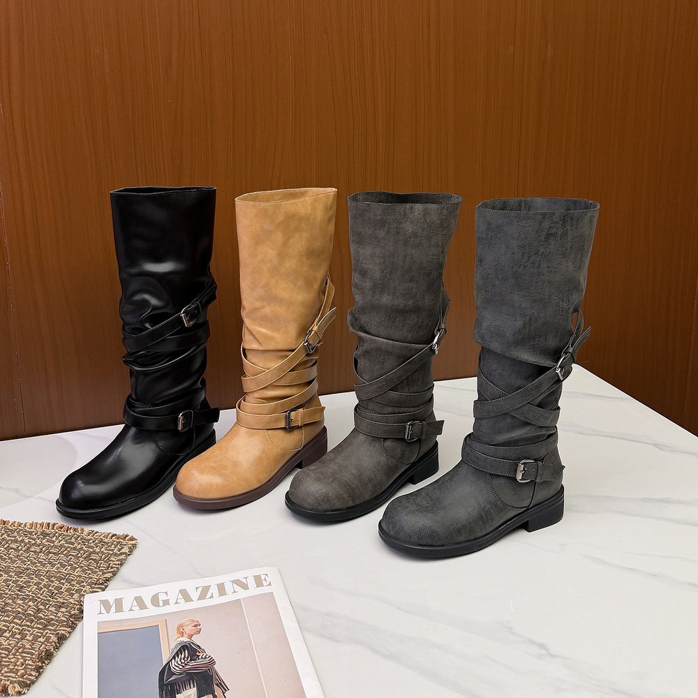 Damen Wadenhohe Bikerstiefel mit Wickelriemen und verstellbaren Schnallen Shop Nory