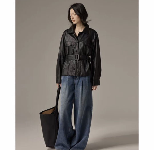 Damen Hemdjacke aus Lederoptik mit tailliertem Gürtel Shop Nory