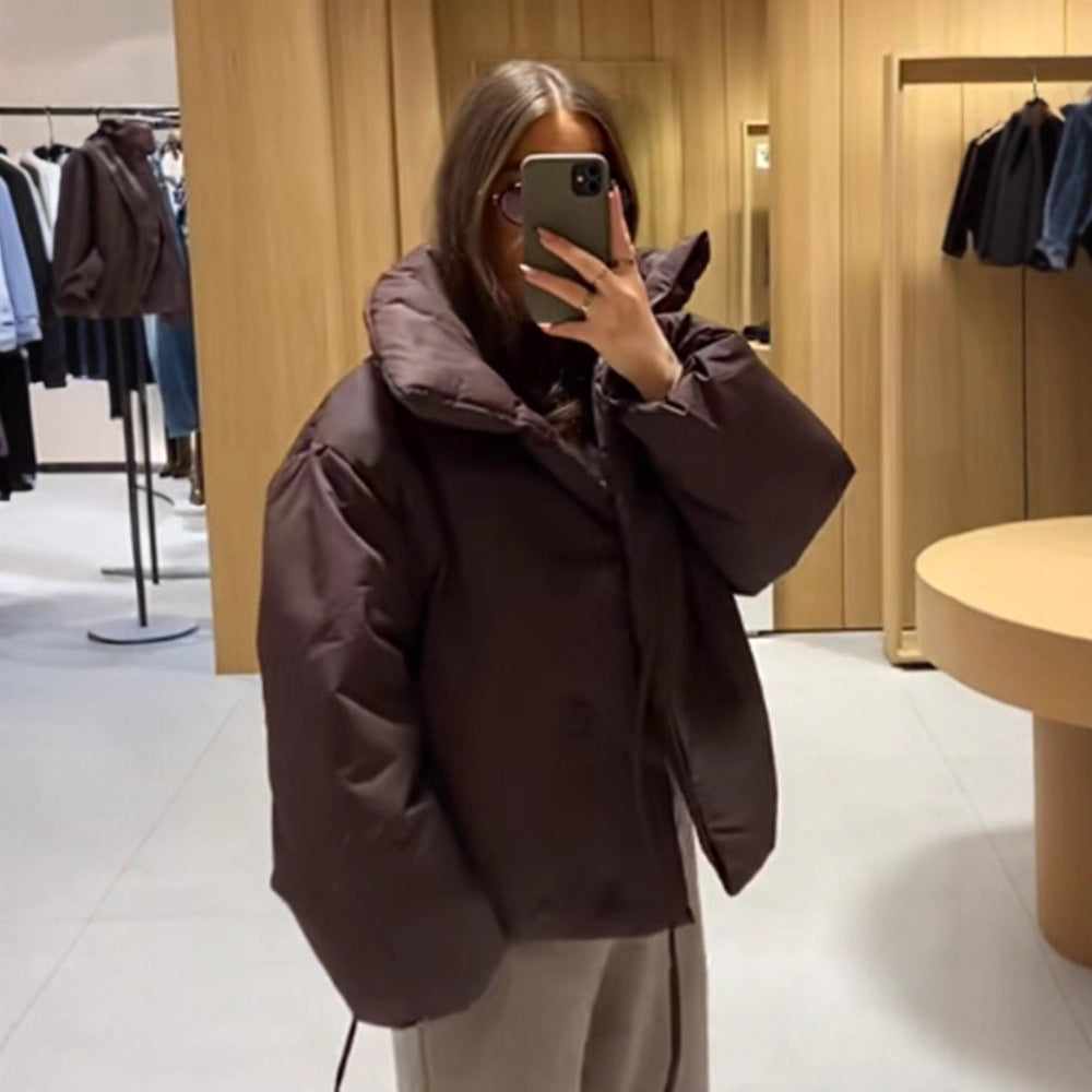 Damen Kurze wattierte Oversize-Pufferjacke mit Kapuze und Bindegürtel Shop Nory