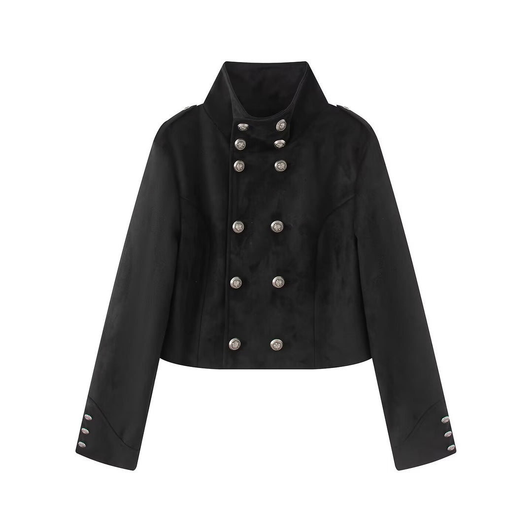 Damen Kurze uniforminspirierte Jacke mit hohem Stehkragen, Doppelknopfreihe und Ziermanschetten Shop Nory