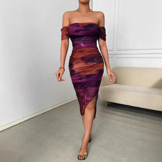 Damen Figurbetontes schulterfreies Maxikleid mit Raffung, Beinschlitz und Aquarell-Print Shop Nory