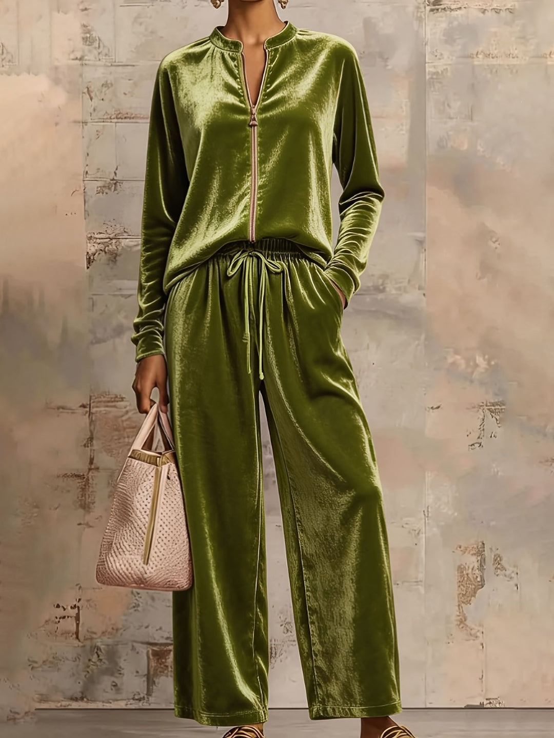 Damen samtiges Lounge-Set mit Stehkragen Reißverschlussoberteil und Kordelbundhose Shop Nory