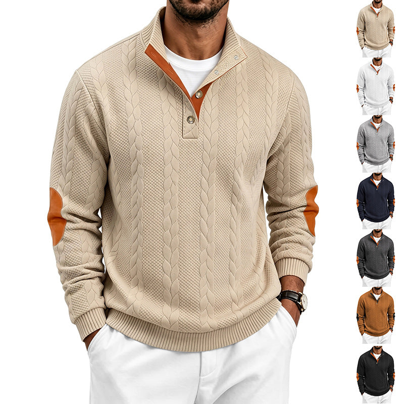 Herren Troyer-Pullover mit Zopfmuster, Ellbogen‑Patches und kontrastierter Knopfleiste Shop Nory