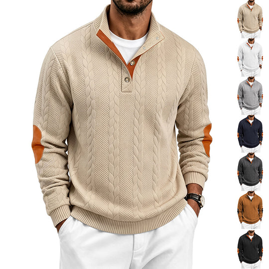 Herren Troyer-Pullover mit Zopfmuster, Ellbogen‑Patches und kontrastierter Knopfleiste Shop Nory