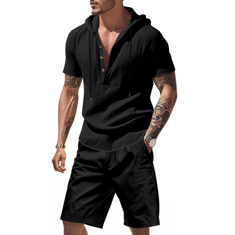Herren lässiges Kurzarmhemd mit Kapuze und Shorts