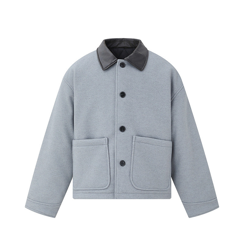 Unisex Kurzblouson im minimalistischen Workwear‑Look aus Wollmix mit Lederoptikkragen Shop Nory