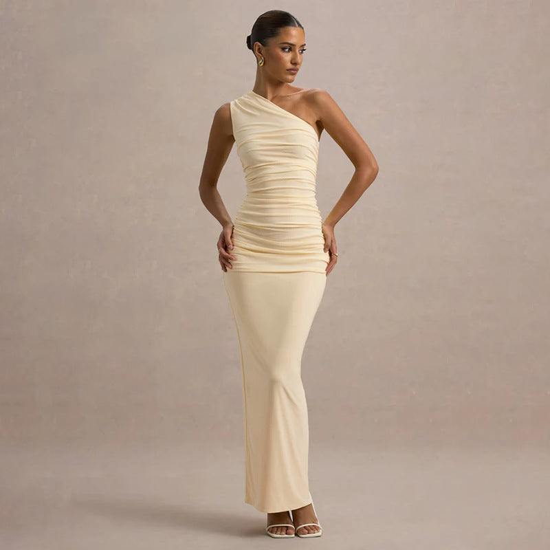 Damen schulterfreies Maxikleid mit Rüschendetails und figurbetonter Silhouette Shopnory
