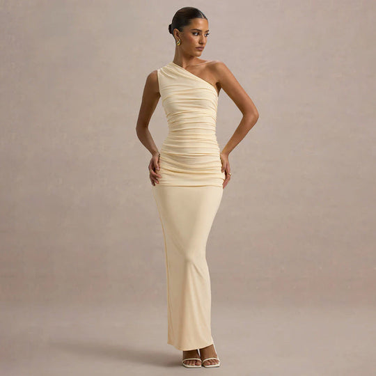 Damen schulterfreies Maxikleid mit Rüschendetails und figurbetonter Silhouette Shopnory