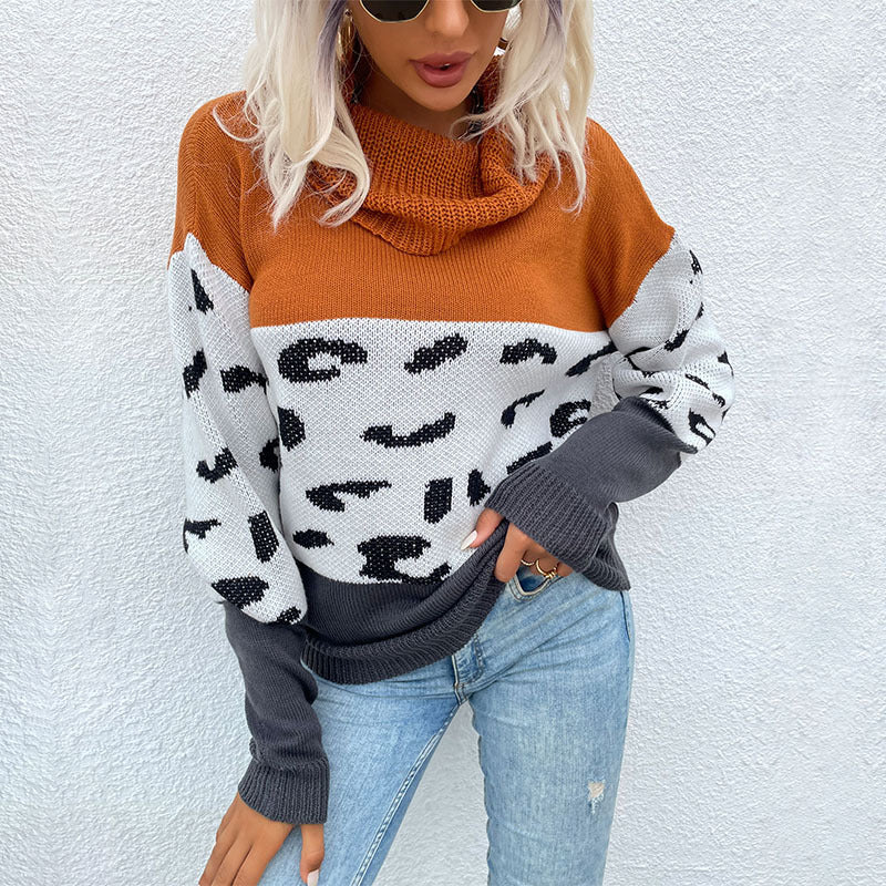 Damen Strickpullover mit weitem Rollkragen, Colorblock und Leopardenmuster Shop Nory