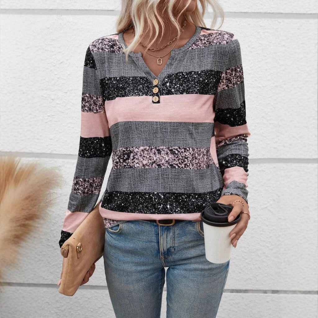 Damen Langarmshirt mit schimmernden Streifen und Knopfdetails