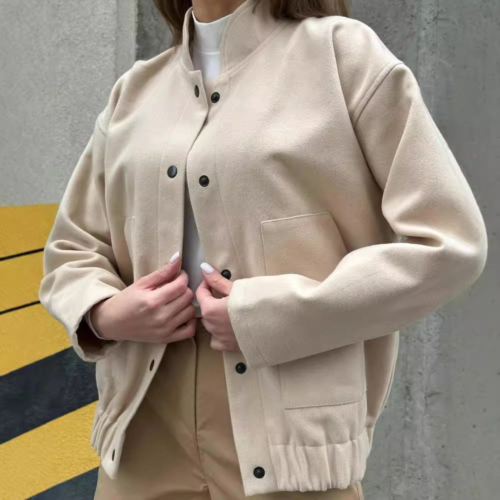 Damen Kurz geschnittene Bomberjacke aus Wollmix mit Druckknopfverschluss und elastischem Saum Shop Nory