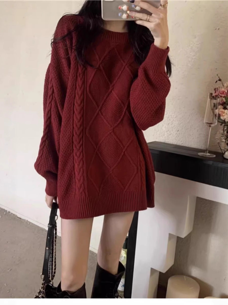 Damen Oversize Zopfmuster-Longpullover mit Rundhals und Ballonärmeln Shop Nory