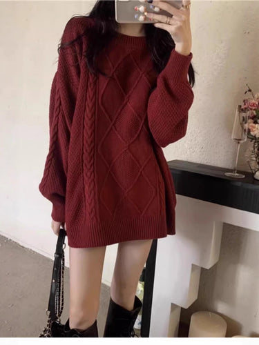 Damen Oversize Zopfmuster-Longpullover mit Rundhals und Ballonärmeln Shop Nory