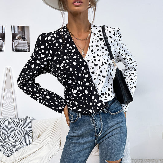 Damen Leichte Langarm-Bluse mit diagonaler Zweifarben-Optik und Tupfenmuster Shop Nory
