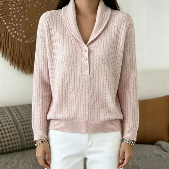 Damen Strickpullover mit Schalkragen, Zopfmuster und Knopfleiste Shop Nory