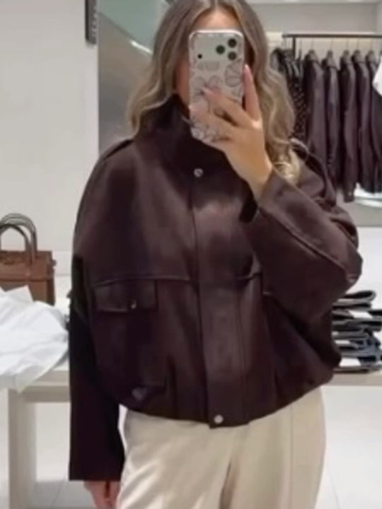 Damen Oversize Cropped Kunstlederjacke mit Stehkragen und Pattentaschen Shop Nory
