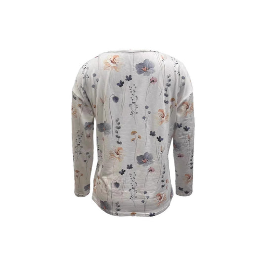 Damen Langärmliges Blumen-Sweatshirt mit asymmetrischem Drapékragen und Zierknopfleiste Shop Nory