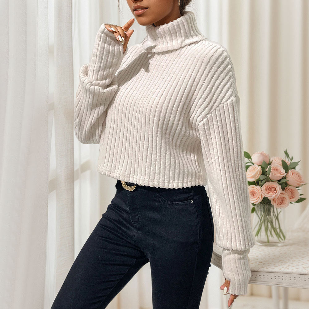 Damen geripptes Cropped‑Rollkragenpullover mit überschnittenen Schultern und voluminösen Ärmeln Shop Nory