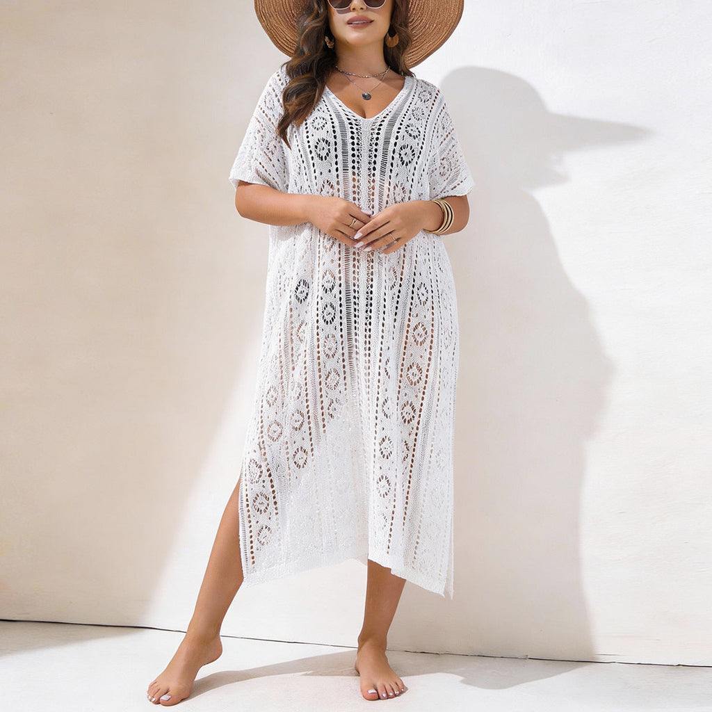 Damen Häkelstrandkleid mit V-Ausschnitt und seitlichem Schlitz